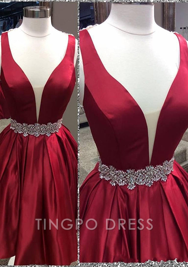 TingPo Wholesale A-line V Neck Sleeveless Satin Short/Mini Homecoming Dress With Beading Bandage